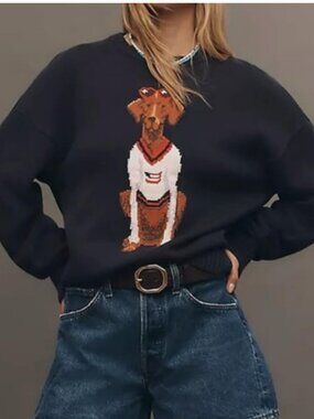 Anthropologie Knit Dog Graphic Navy Sweater size M